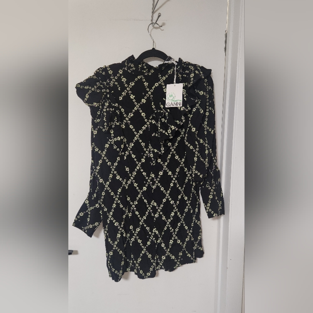 Ganni Black and White Floral Blouse